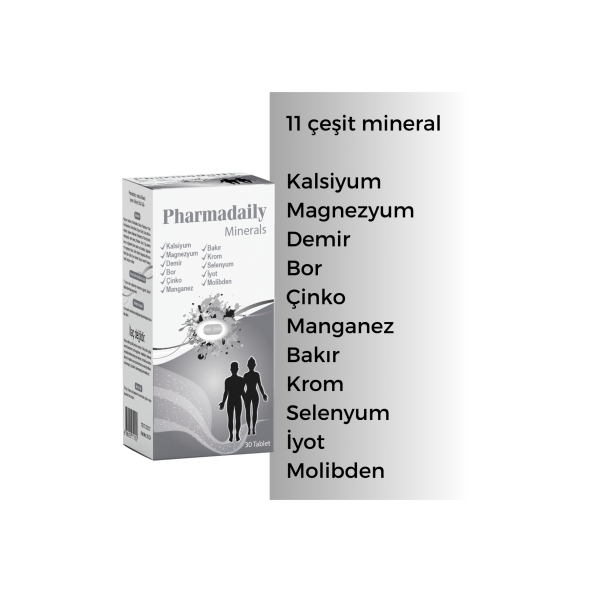 Pharmadaily Minerals (11 Çeşit Mineral - Demir, Kalsiyum, Magnezyum, Molibden, Selenyum, Krom, Çinko) 30 Tablet