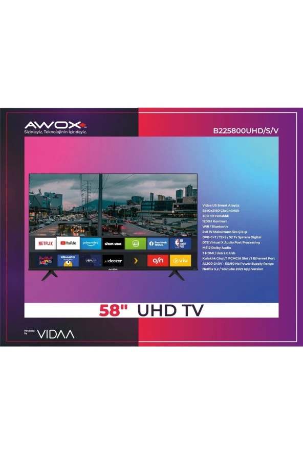 AWOX B225800UHD 58“ 147 Ekran Uydu Alıcılı 4K Ultra HD VİDAA Smart LED TV - 2