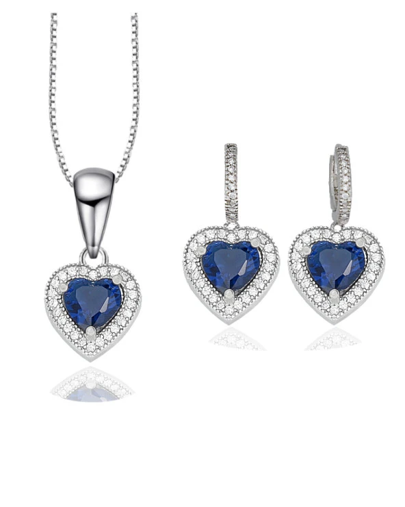 Diamond  Model Lusso Elegant Sapphire Heart Kadın Kolye Küpe Seti