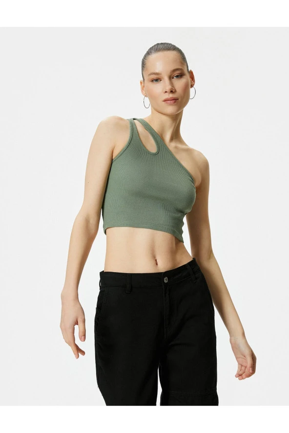 Tek Omuz Crop Atlet Pencere Detaylı Ribanalı Pamuklu - 3