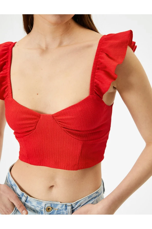 Fırfırlı Crop Bluz Arkası Bağlamalı Kolsuz Kalp Yaka Slim Fit - 5