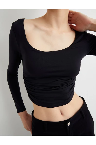 Uzun Kollu Crop Tişört U Yaka Drape Detaylı - 5