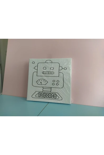 dudu ahşap 20x20 Resimli Tuval Çocuk Boyama Seti- Robot resimli 3 boya 1 fırça