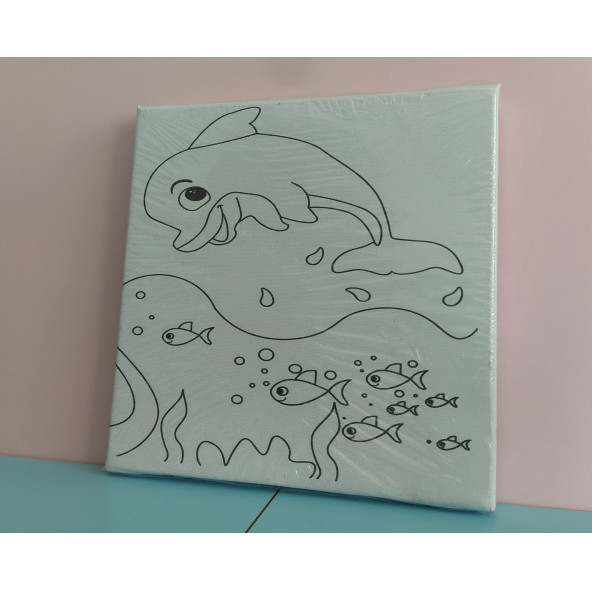 20x20 Resimli Tuval Çocuk Boyama Seti- Yunus Balığı resimli 3 boya 1 fırça