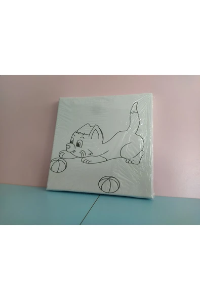 dudu ahşap 20x20 Resimli Tuval Çocuk Boyama Seti- Kedi resimli 3 boya 1 fırça