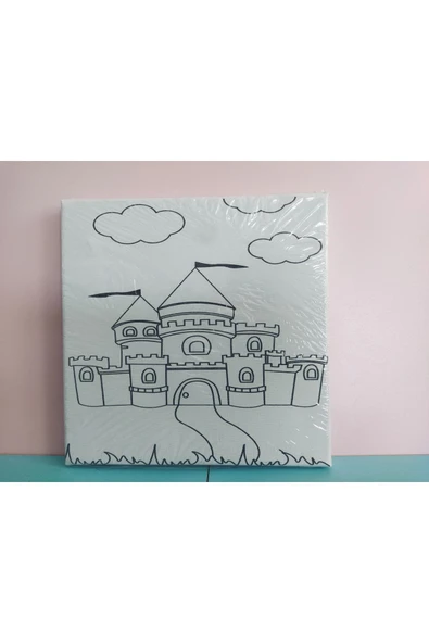 dudu ahşap 20x20 Resimli Tuval Çocuk Boyama Seti-Şato resimli 3 boya 1 fırça