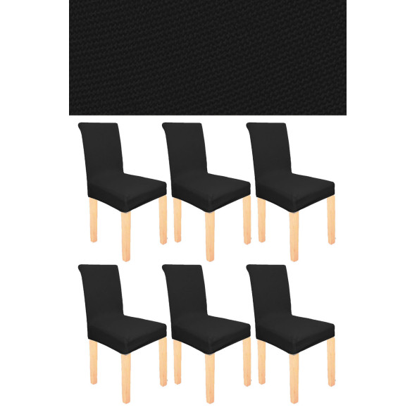 Spandex Mikro Petek Kumaş Likralı Lastikli Tüylenmez 6'lı Sandalye Kılıfı Esnek Sandalye Örtüsü - Siyah