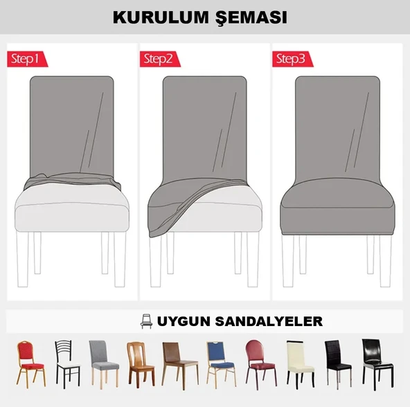 Ipek Kadife 6'lı Sandalye Kılıfı Likralı Lastikli Kadife Sandalye Örtüsü (6 ADET) - Krem - Resim 4