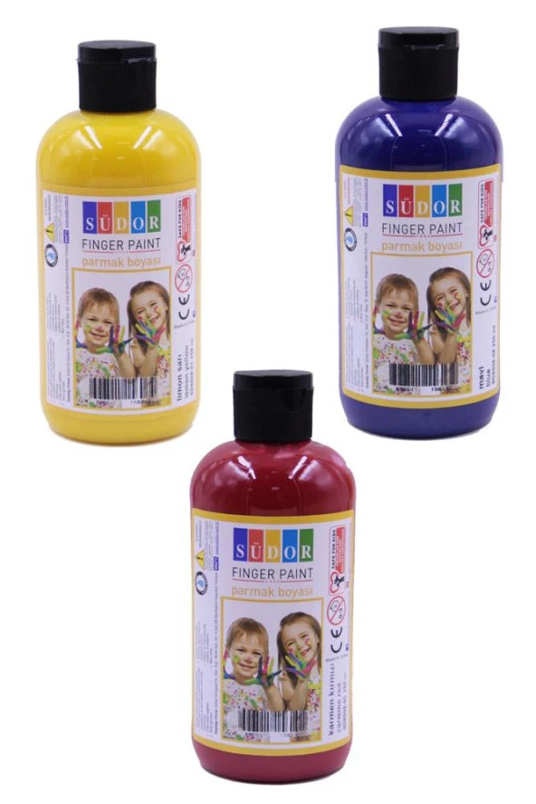 Parmak Boyası 250 Gr 3 Adet Çocuklar İçin Yıkanabilir Parrmak Boya Südor Okul Hobi Kreş Etkinlik Kırmızı Sarı Mavi