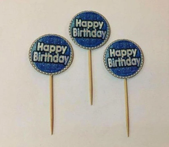 Mavi Gümüş Renk Happy Birthday Kürdan Süs 20 Adet