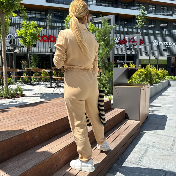 Ekru Cep Detaylı Beli Bağlamalı Tulum - 2