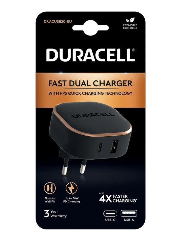 Duracell 30W 4X Hızlı Şarj Başlığı ( USB-A,USB-C ) - Siyah