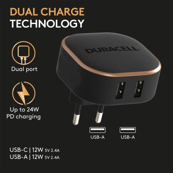 Duracell 24W Telefon / Tablet Şarj Başlığı 2xUSB 2x5v/2.4A - Siyah - 3