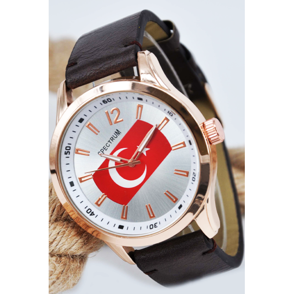Kahverengi Deri Kordonlu Türk Bayrağı Detay Yetişkin Erkek Kol Saati SU-612