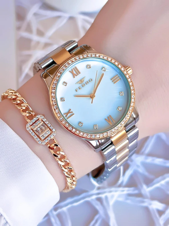 Ferro Gold/Gümüş Renk Kararmaz Renk Atmaz 3 Atm Özel Tasarım Kadın Kol Saati EFL21286D