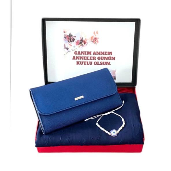 Anneler Günü Lacivert Cüzdan-Penye Şal-Bileklik