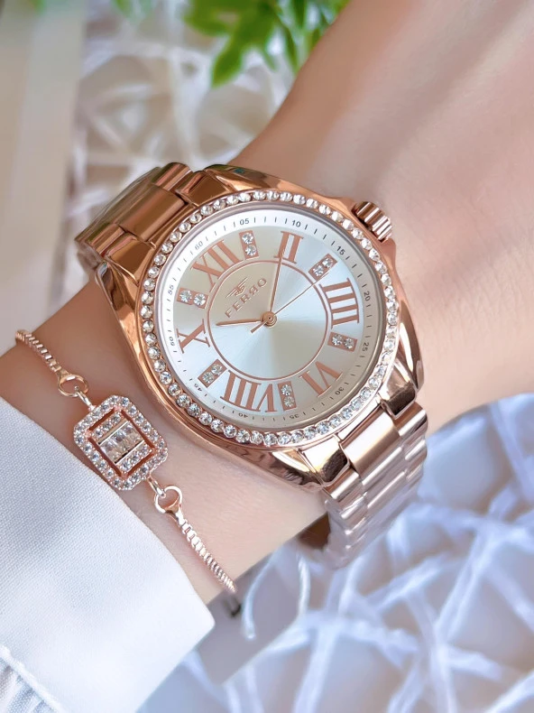 Ferro Rose/Gold Renk Kararmaz Renk Atmaz 3 Atm  Özel Tasarım Kadın Kol Saati EFL51336C ürün görseli