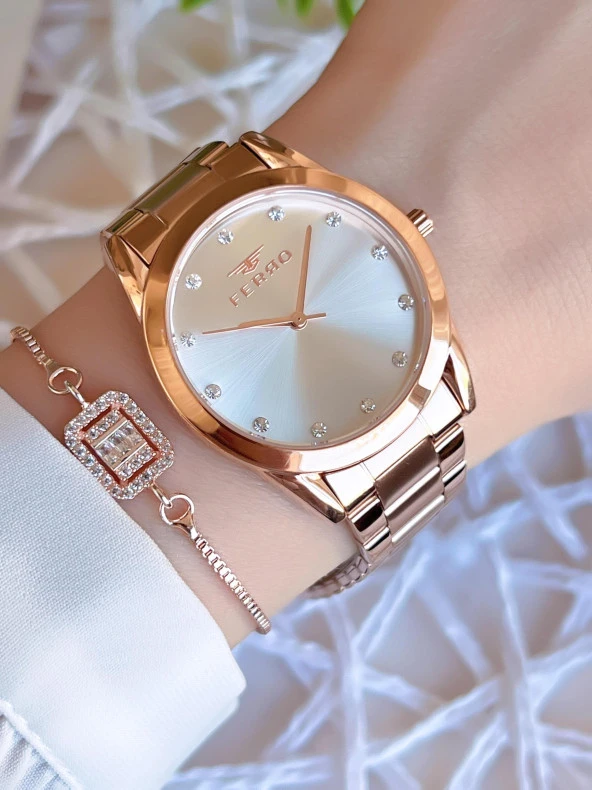 Ferro Rose/Gold Renk Kararmaz Renk Atmaz 3 Atm  Özel Tasarım Kadın Kol Saati EFL21929C ürün görseli
