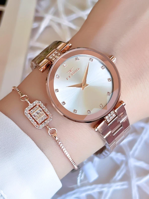Ferro Rose/Gold Renk Kararmaz Renk Atmaz 3 Atm  Özel Tasarım Kadın Kol Saati EFL21297C ürün görseli