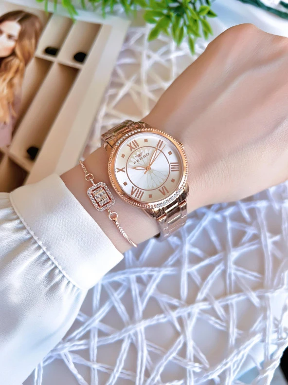 Ferro Rose/Gold Renk Kararmaz Renk Atmaz 3 Atm  Özel Tasarım Kadın Kol Saati EFL21925C - Resim 2