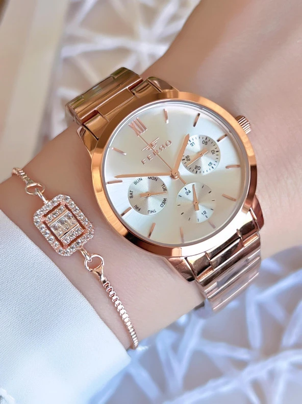 Ferro İç Fonksiyonları Aktif Rose/Gold Renk Kararmaz Renk Atmaz 3 Atm Kadın Kol Saati EFL21078C