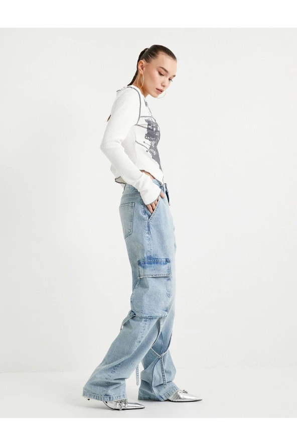 Straight Jean Kargo Kot Pantolon Geniş Düz Paça Cepli Pamuklu - Nora Jean - Resim 2