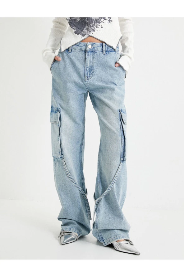 Straight Jean Kargo Kot Pantolon Geniş Düz Paça Cepli Pamuklu - Nora Jean - Resim 3