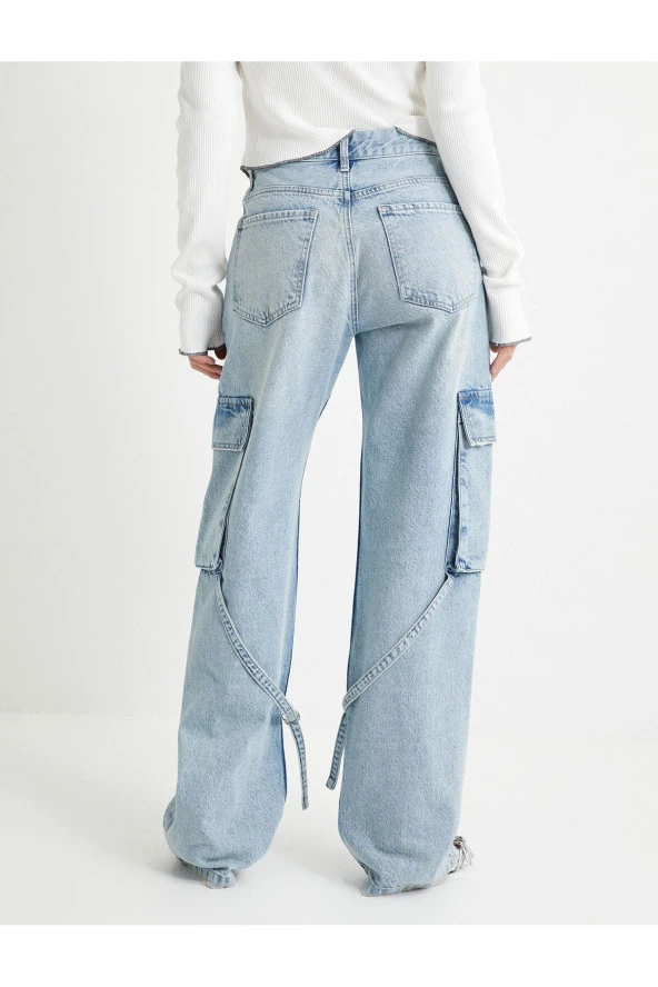 Straight Jean Kargo Kot Pantolon Geniş Düz Paça Cepli Pamuklu - Nora Jean - Resim 4