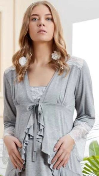 AQUA 20515 Gri Hamile Lohusa Gecelik Sabahlık Takım - Resim 3