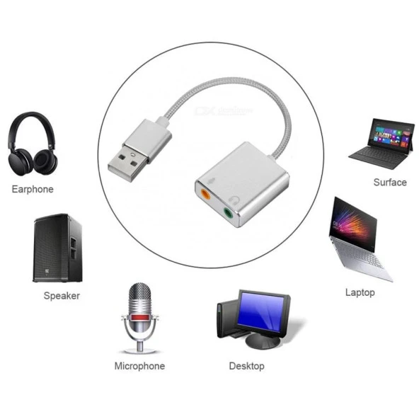 2 in1 Usb Den Mikrofon Ve Kulaklık 3.5 mm Jack Aux Çevirici 7.1 Kanal Dönüştürücü Aparat - 4