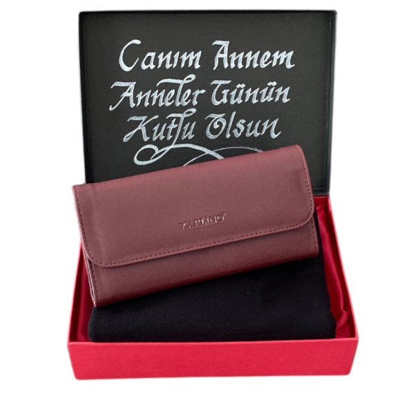 Anneler Günü Bordo Cüzdan Siyah Penye Şal Set