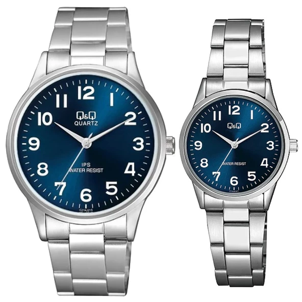 Q&Q QC202J003Y Lacivert Gümüş Rakamlı Sevgili Çift Kol Saatleri