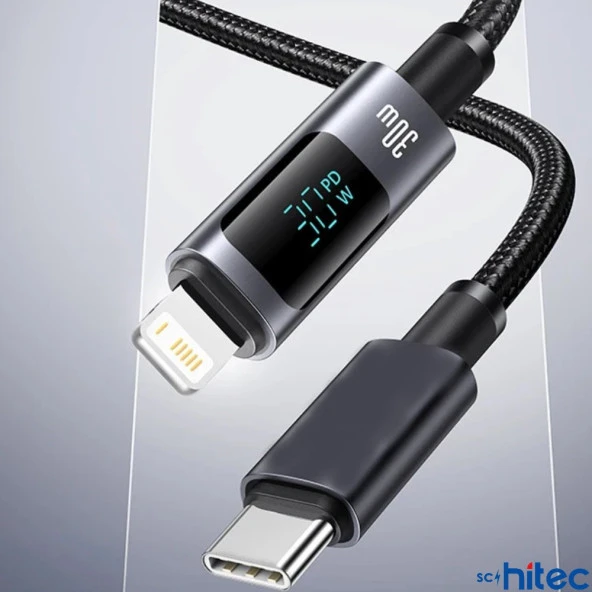 ScHitec PD30W Type-C to Lightning Dijital Göstergeli Örgülü Hızlı Şarj Data Kablosu Siyah - Resim 2