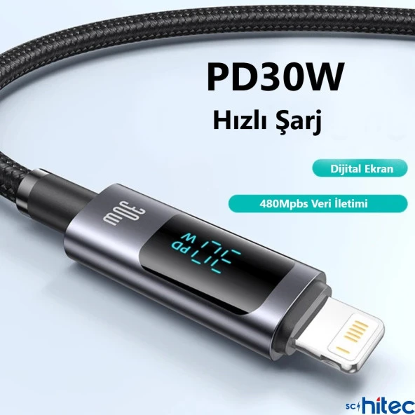 ScHitec PD30W Type-C to Lightning Dijital Göstergeli Örgülü Hızlı Şarj Data Kablosu Siyah - Resim 3