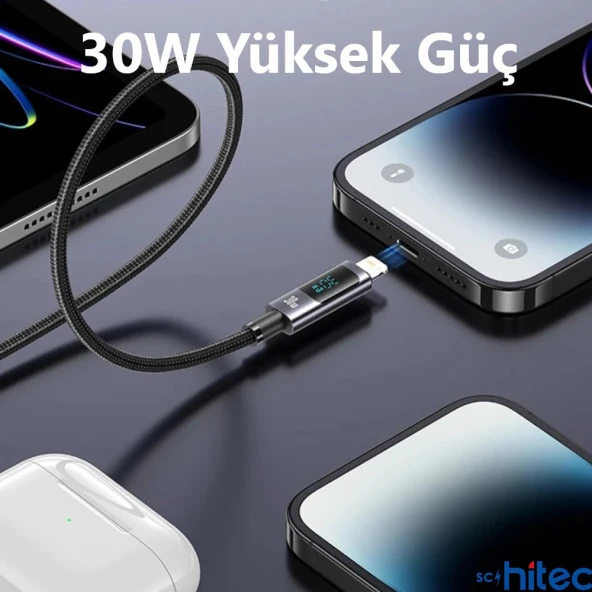 ScHitec PD30W Type-C to Lightning Dijital Göstergeli Örgülü Hızlı Şarj Data Kablosu Siyah - Resim 4