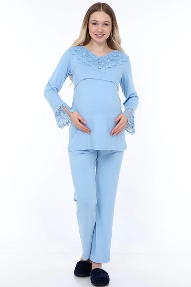 Luvmabelly MYRA9511 - Dantelli Düğmeli Flaplı Hamile Pijama Takımı - Mavi