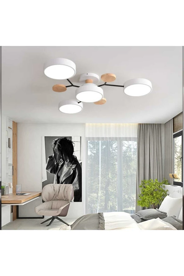SimaAvize Modern Ahşap Led Avize-Beyaz