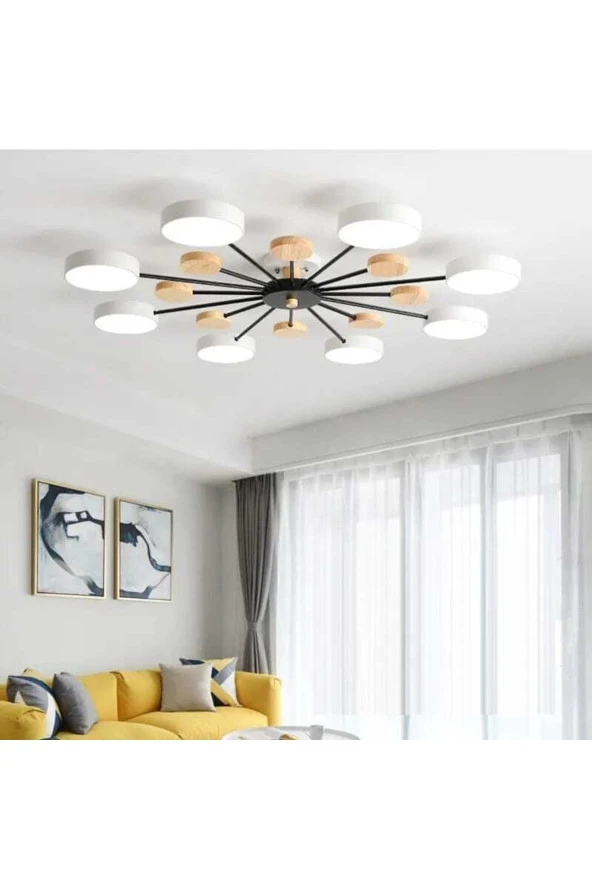 SimaAvize Modern Ahşap Detaylı Led Avize 8'li_beyaz