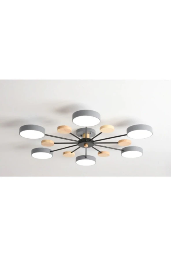 SimaAvize Modern Ahşap Detaylı Led Avize 6'lı Gri
