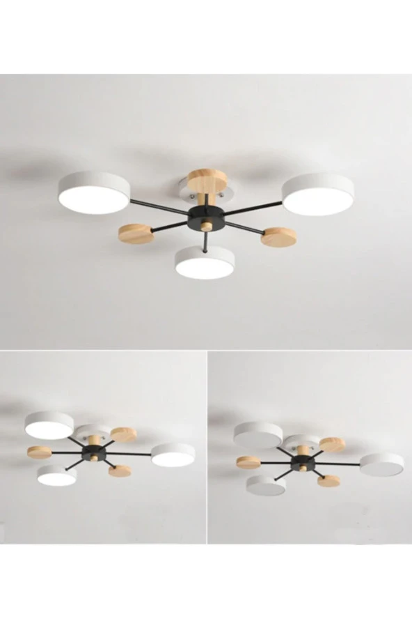 SimaAvize Modern Ahşap Detaylı Led Avize Beyaz 3'lü