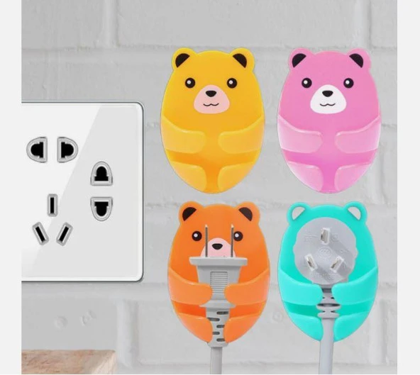 4 Adet Ayıcık Desenli Yapışkanlı Kablo Fiş Tutucu Sevimli Ayıcık Çok Amaçlı Düzenleyici Diş Fırçası Fiş Tutucu