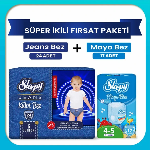 Sleepy Süper ikili Fırsat Paketi(Jeans Külot Bez 5 Numara 24 Adet + Mayo Külot Bez 5 Numara 17 Adet)