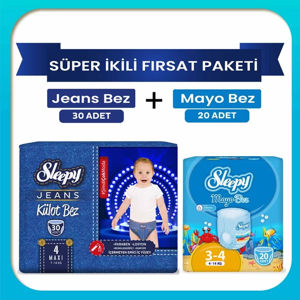 Sleepy Süper ikili Fırsat Paketi(Jeans Külot Bez 4 Numara 30 Adet + Mayo Külot Bez 4 Numara 20 Adet)