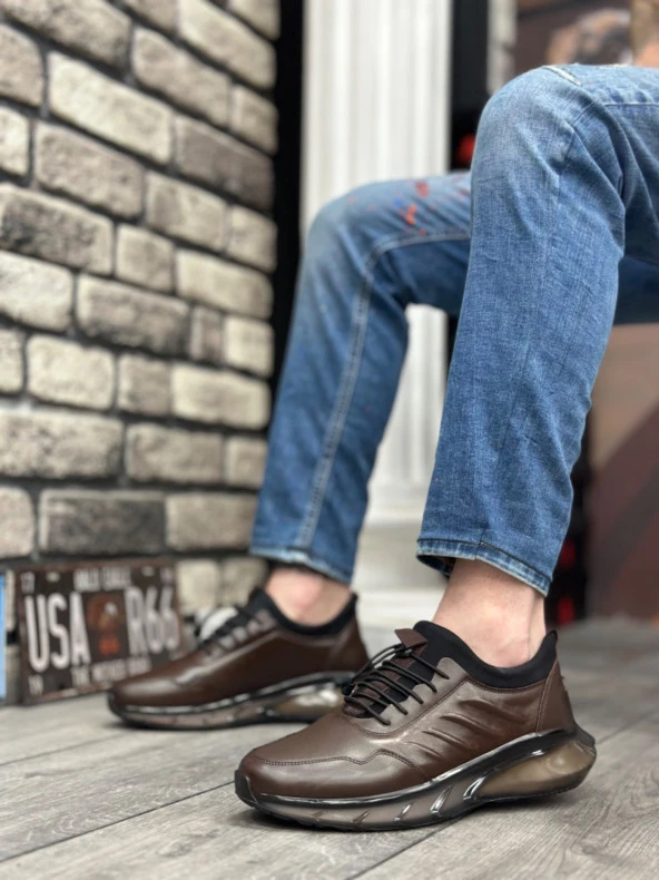 BA0345 Hakiki Deri Rahat Taban Ayarlanabilir Lastik Bağcıklı Desenli Kahverengi Casual Erkek Ayakkabı - 2