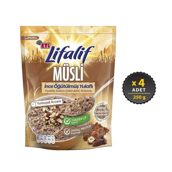 Eti Lifalif İnce Öğütülmüş Yulaflı Fındıklı, Kakao Çekirdekli, Kakaolu Müsli 250 g x 4 Adet