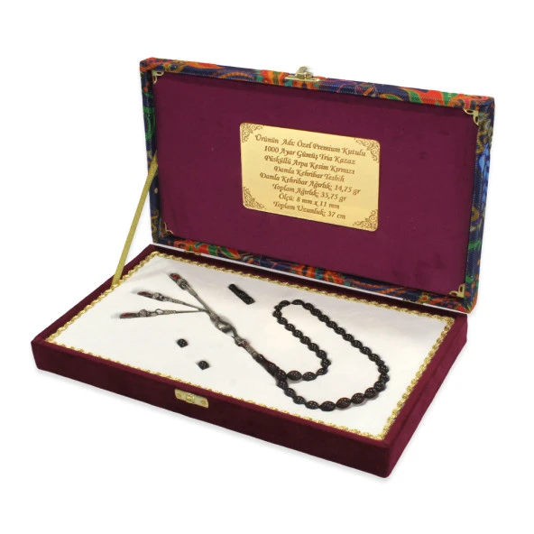 Nipora Özel Premium Kutulu 1000 Ayar Gümüş Tria Kazaz Püsküllü Arpa Kesim Kırmızı Damla Kehribar Tesbih - 2