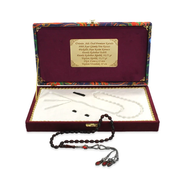 Nipora Özel Premium Kutulu 1000 Ayar Gümüş Tria Kazaz Püsküllü Arpa Kesim Kırmızı Damla Kehribar Tesbih - 3