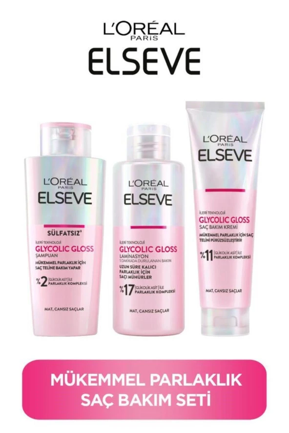 Elseve Elseve Glycolic Gloss Mükemmel Parlaklık Şampuan+ Saç Kremi+ Laminasyon Bakım3'lü Saç Bakım Seti