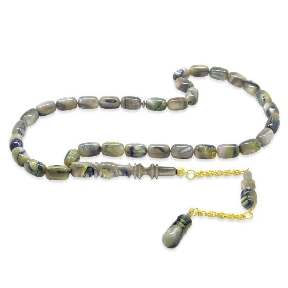 Nipora Gold Renk 925 Ayar Gümüş Püsküllü İmamesı Usta İşçilikli Kapsül Kesim Sedefli Ebru Sanatı Mavi-Bej Katalin Tesbih ürün görseli