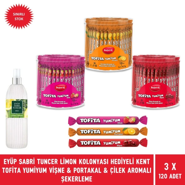 Tofita Yumiyum 3'lü Çilek & Portakal & Vişne Aromalı Şekerleme 360 Adet + Eyüp Sabri Tuncer Limon Kolonyası 250 ML